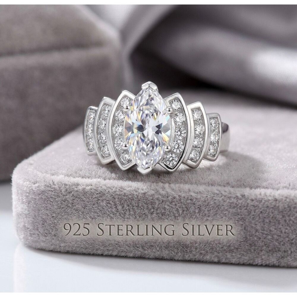925 Sterling Silver Marquise Cut Clear CZ Tiered Cluster Engagement Ring Size 6